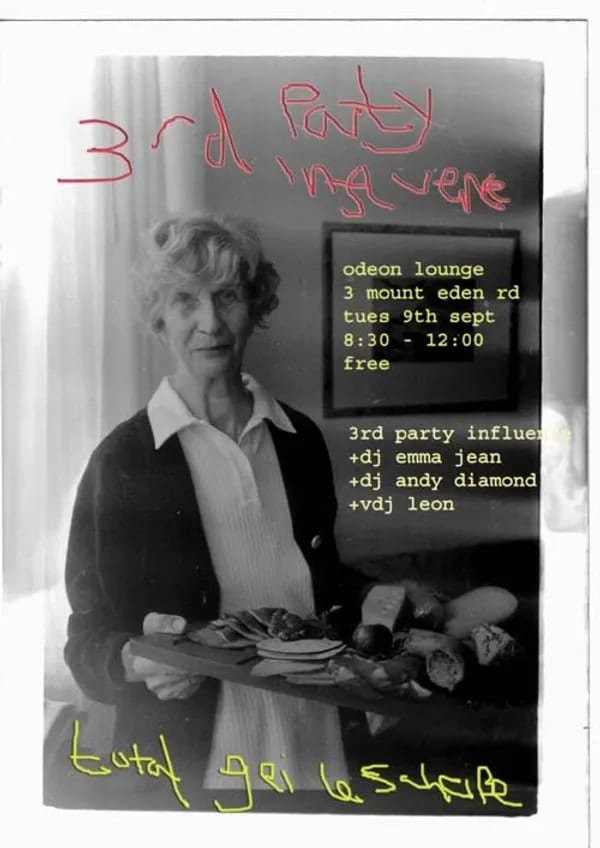 Gig flyer over a black-and-white photograph of an older woman holding a platter of food, lettered by hand: Odeon Lounge, 3 Mount Eden Rd, Tuesday 9th Sept, 8:30–12:00, free — with 3rd Party Influence, DJ Emma Jean, DJ Andy Diamond and VDJ Leon.