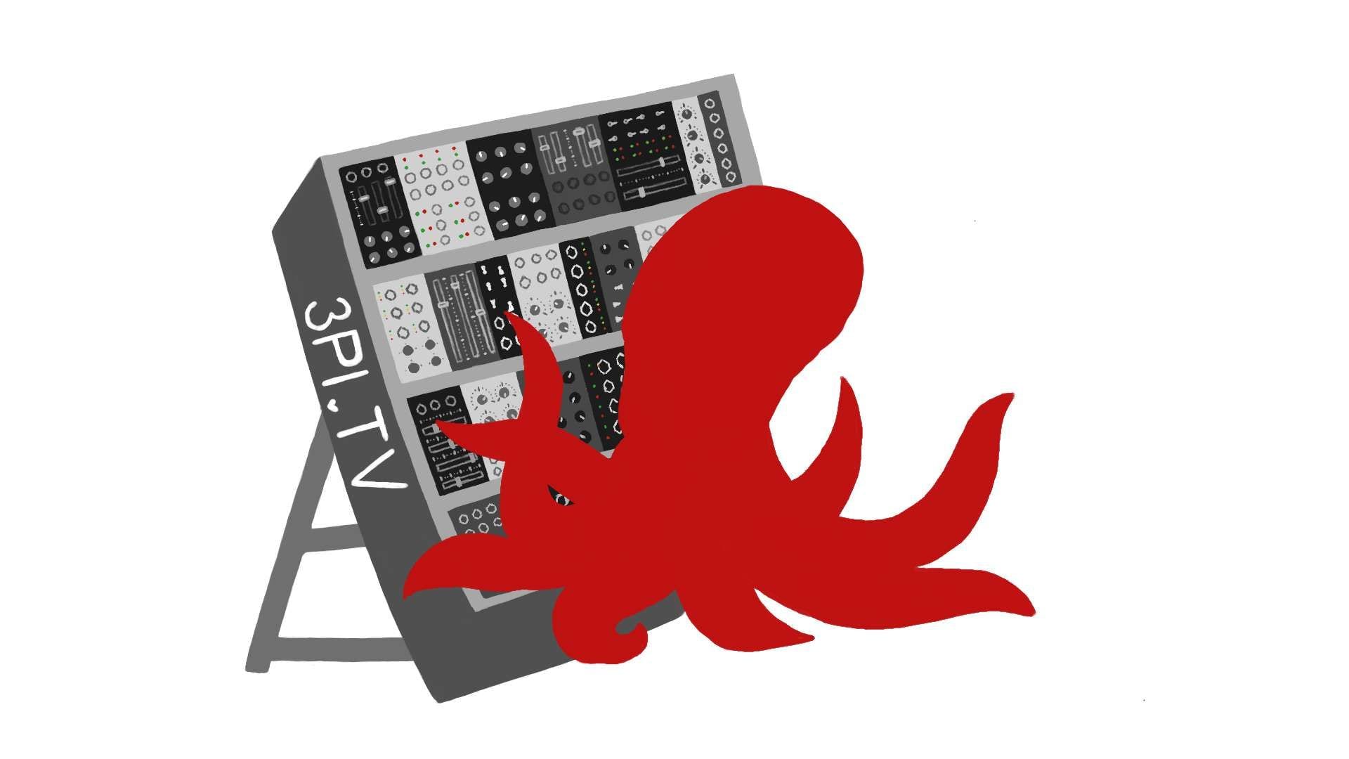 3rd Party Influence logo: an illustrated Eurorack modular case on a stand labelled 3PI.TV, with a large red octopus draped across it.