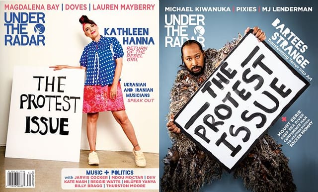 Two Under The Radar magazine covers side by side, both titled “The Protest Issue”, each showing a musician holding a hand-lettered placard.